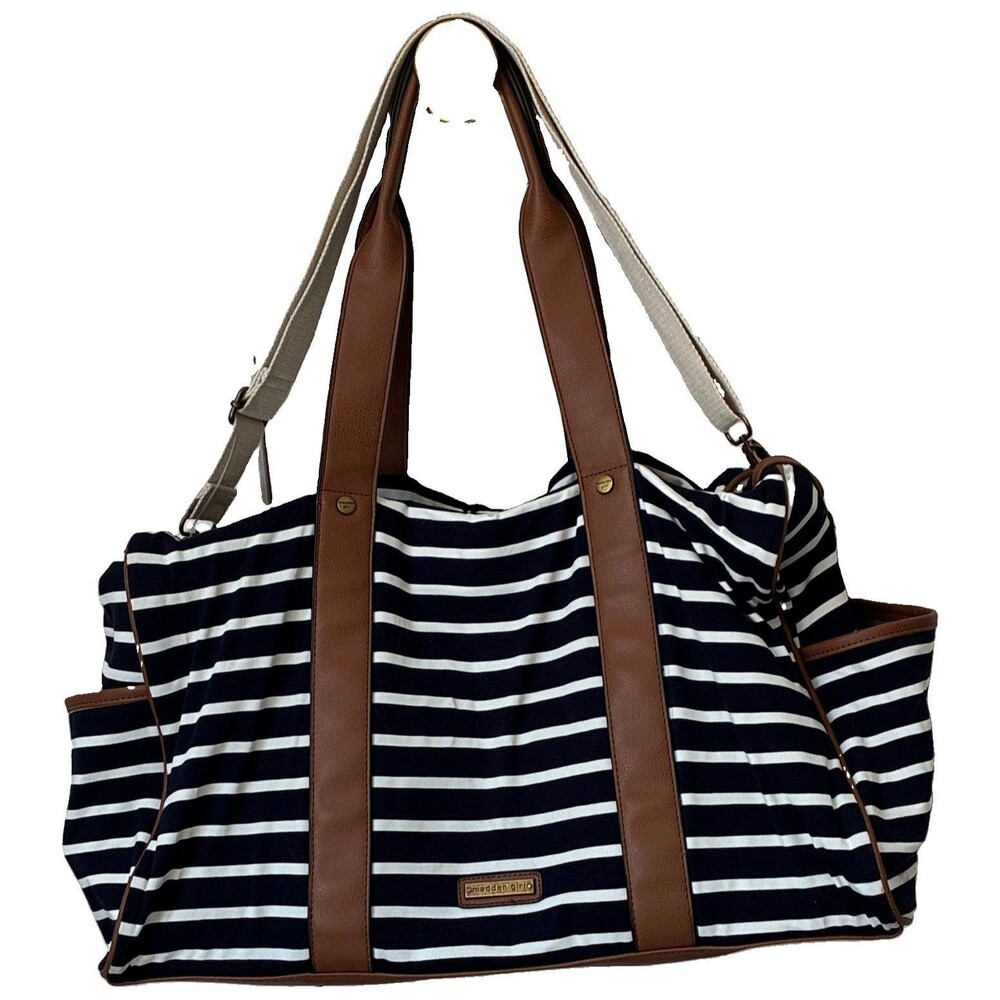 Madden Girl Navy White Striped Tote Bag Zip Detachable Adjustable Strap Gold